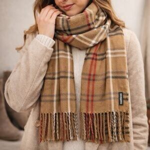 Steve Madden Classic Plaid Scarf in Tan and Red